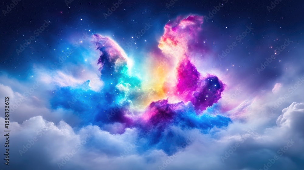 Fototapeta premium A vibrant nebula dominates this digital artwork, showcasing swirling, iridescent clouds of pink, blue, and purple. Stars twinkle in the dark background, enhancing the cosmic feel. The high-resolution