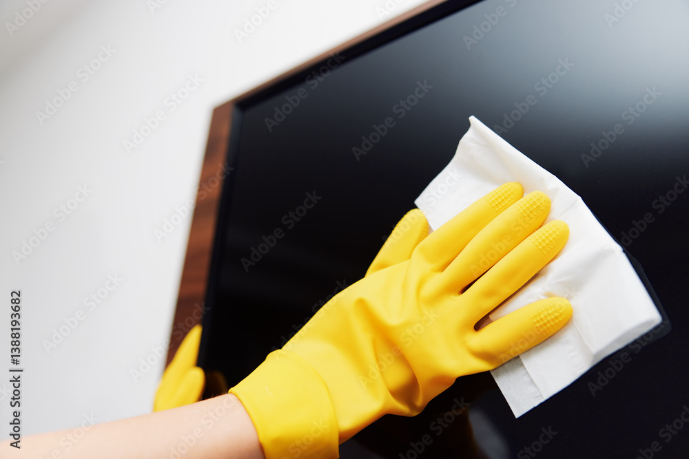 Woman in yellow gloves cleaning black television screen with white and yellow cloth