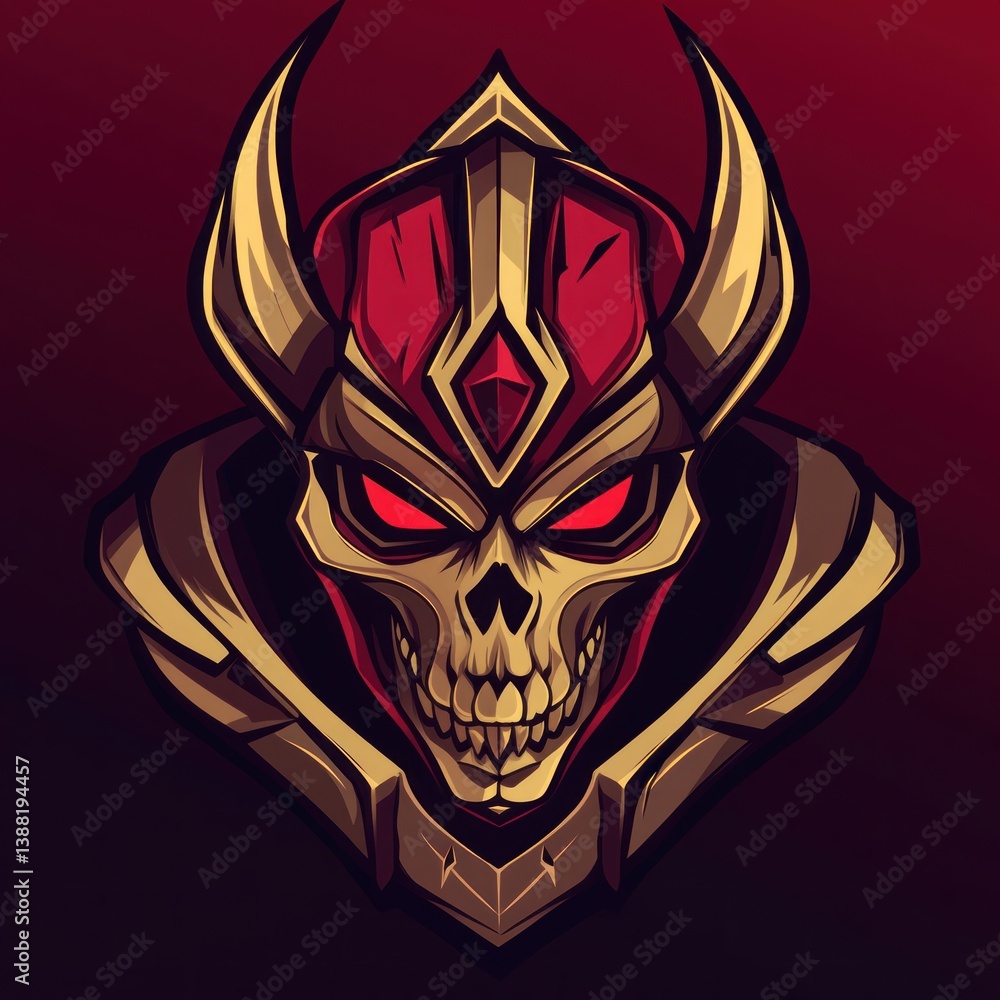 Obraz premium A menacing skull character wearing ornamented armor and glowing eyes