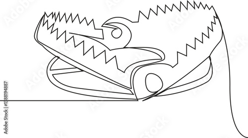 Continuous one line animal iron trap, caught in the trap, vector illustration.
