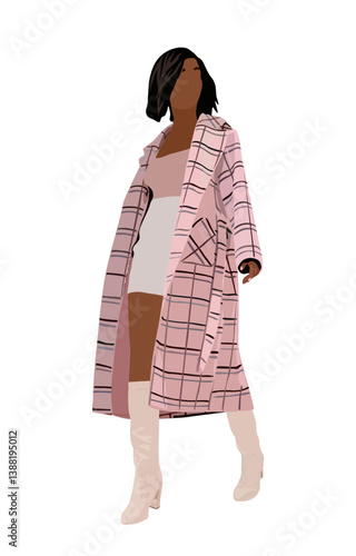 Fashion black woman in trendy clothes vector cartoon realistic illustration. Classy colorful street style outwear female isolated. Beautiful african american girl demonstrate autumn clothing. Isolated