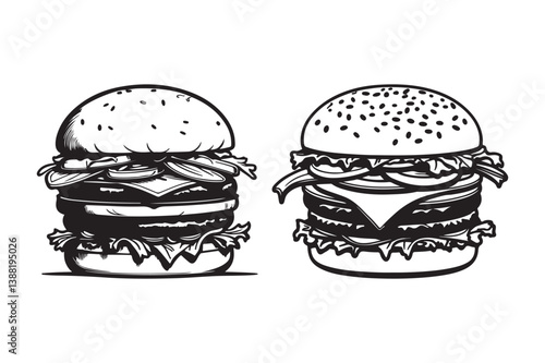 Black and White Cheeseburger Silhouette Vector Illustration