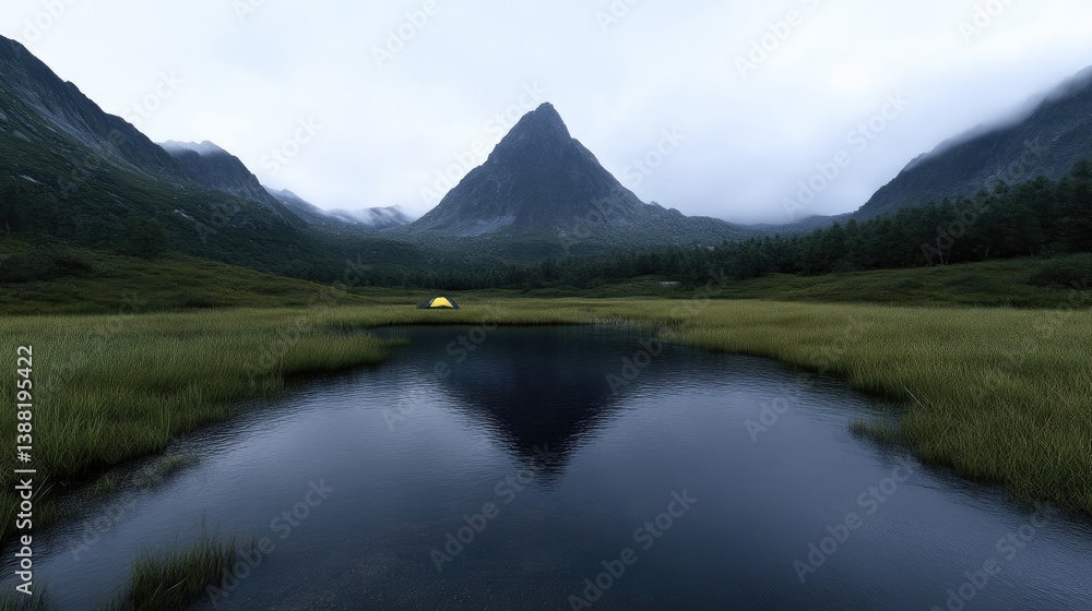 Obraz premium Tranquil mountain lake landscape with a tent. Misty mountain peaks reflect in a calm lake surrounded by lush greenery