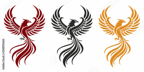Vector Stylized Phoenix Bird Tattoo Designs Set Red Black Gold Mythological Phoenix Images
