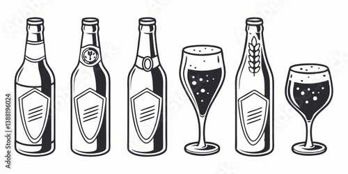 Vintage Black and White Beer Bottles and Glasses Vector Illustration