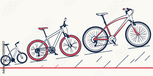 Stages of Bicycle Evolution Line Art - Red Bikes Growing in Size - Transportation Illustration