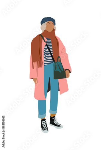 Stylish young woman dressed in trendy clothes. Casual street fashion autumn vintage style funky outfit. Pretty blonde girl cartoon character. Flat colorful vector realistic illustration.