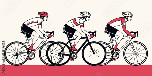 Team of Cyclists Riding Bikes Red White Line Art Illustration