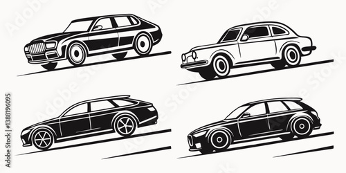 Classic Modern Vector Automotive Car Art Black & White Sedan Wagon