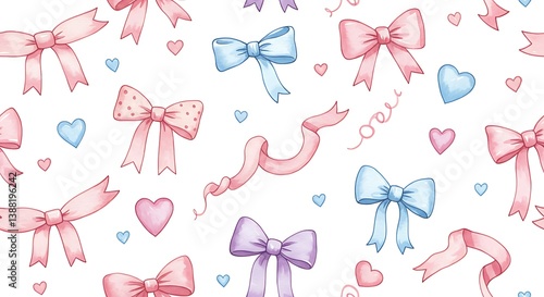 Pastel Watercolor Bow & Heart Seamless Pattern AI Generated