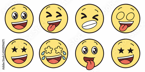 Cartoon Yellow Smiley Face Emojis Set: 8 Happy Faces with Laughing Winking Star Eyes Tongue Out Crying Laughing Expressions Vector Art