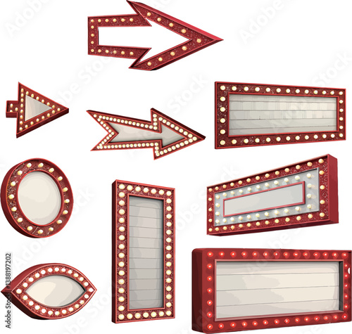 Colorful vintage marquee signs with lights and various shapes.