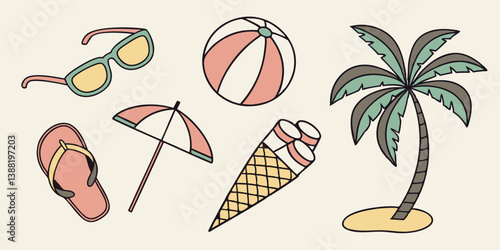 Summer Beach Vacation Doodle Icons Set Sunglasses Beach Ball Flip Flops Umbrella Ice Cream Palm Tree Clipart