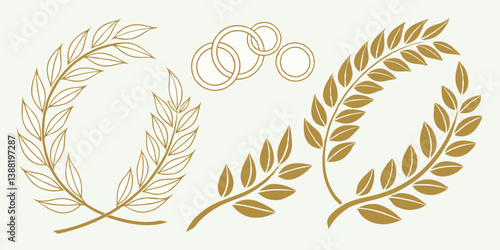 Golden Laurel Wreaths and Olympic Rings Vector Art Illustration