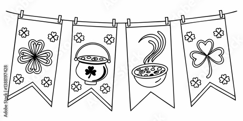 St. Patricks Day Banner: Shamrock, Pot of Gold, Food, Black and White Line Art Coloring Page