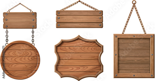 Four wooden signage designs, ideal for rustic themes and outdoor settings.