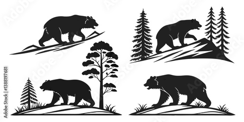 Black Bear Silhouettes Vector: Wildlife Nature Mountain Tree Illustration