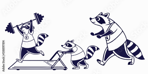Cartoon Raccoons Gym Fitness Vector: Treadmill Weightlifting Walking Animals Workout Scene