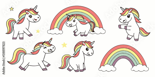 Cute Cartoon Unicorns and Rainbows Clipart Illustration Set for Kids Children