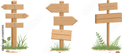 A collection of wooden directional signs in a grassy area, perfect for outdoor settings.