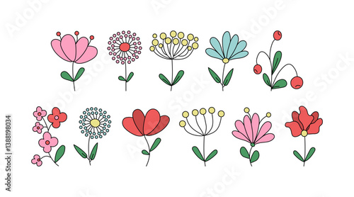 Abstract brightly colored flowers, berries, leaves. Floristic set of simple drawings of plants. Illustration, doodle on white isolated background.