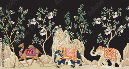 Vintage botanical palm tree, Indian elephant, camel animal, floral tree, mountain seamless border. Exotic mural.