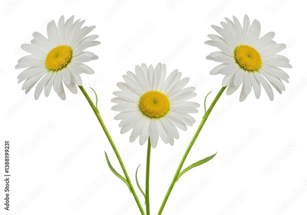 Fototapeta premium White daisies with vibrant yellow centers in symmetrical minimalist composition on white background
