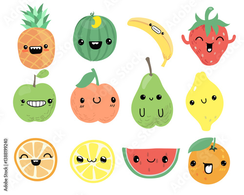 Kawaii fruits characters. Cute cartoon anime apple, pineapple, watermelon, peach banana, raspberry. Vector hand drawn set
