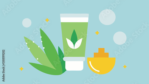 Natural Elements A graphical representation of ingredients like aloe vera and shea butter surrounding a tube of exosomeinfused moisturizer highlighting natural hydration.