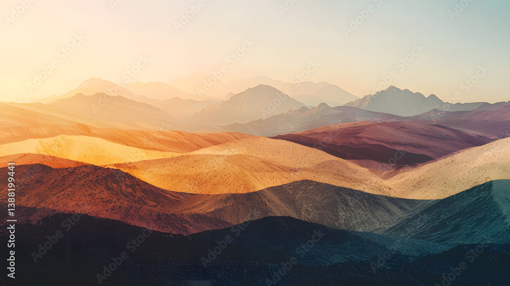 Fototapeta premium Rolling Hills at Sunset: A breathtaking vista of undulating hills, bathed in the warm, inviting embrace of a radiant sunset, showcasing nature's stunning color palette and serene landscapes.
