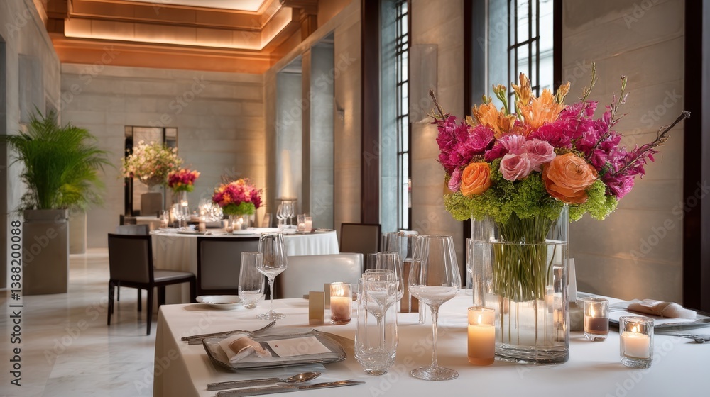 Luxury events gala dinner and elegant decor, A modern dining space featuring elegant floral arrangements, ambient lighting, and sophisticated table settings, creating an inviting atmosphere. Luxury events gala dinner and elegant decor, A modern dining space featuring elegant floral arrangements, ambient lighting, and sophisticated table settings, creating an inviting atmosphere.