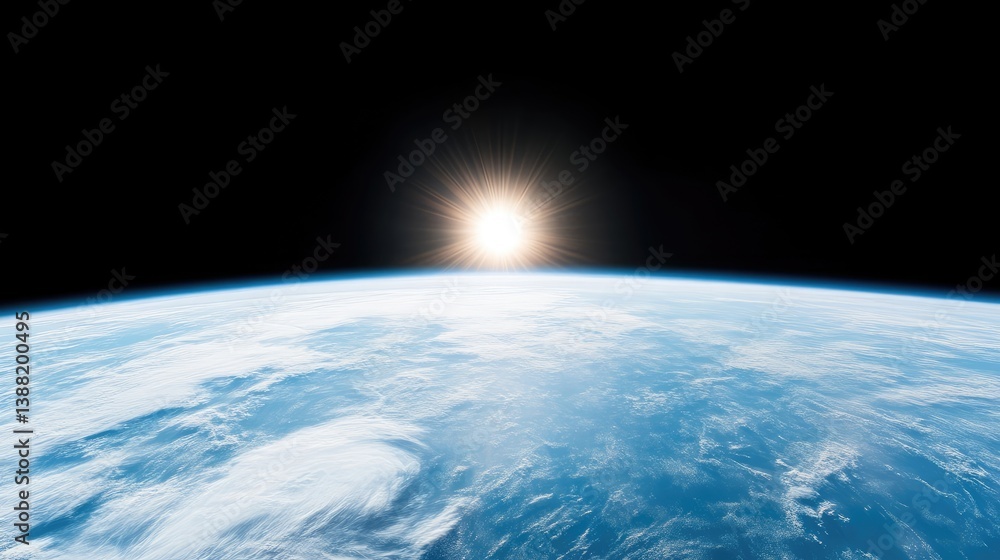Fototapeta premium The image shows Earth from space, a vibrant blue and white sphere. The sun rises on the horizon, creating a radiant glow. The composition is simple, focusing on the planet. High resolution, with ex