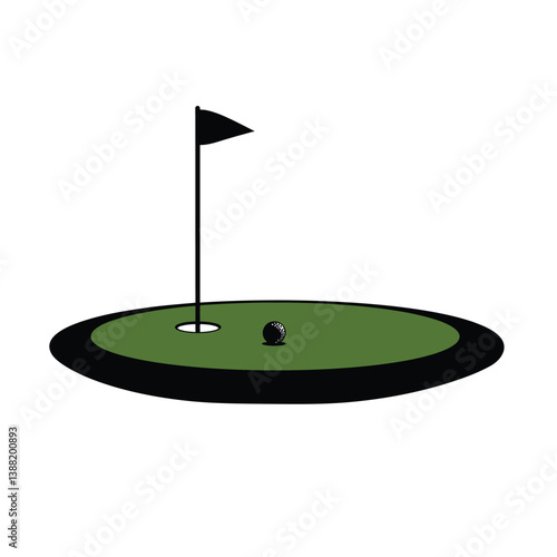 Silhouette vector illustration of a golf putting green with flagstick and ball on a white background