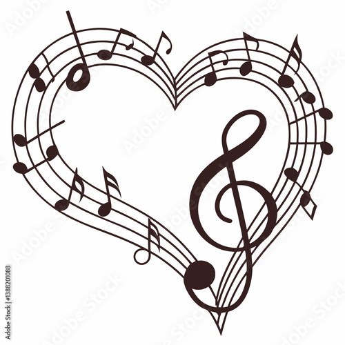 Simple heart-shaped music notes illustration with treble and clef on a white background, perfect for music-themed designs and creative projects.