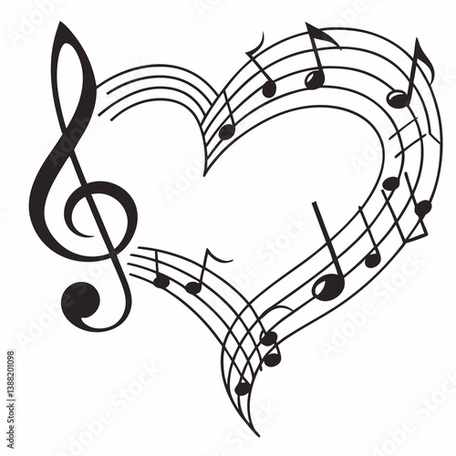 Simple heart-shaped music notes illustration with treble and clef on a white background, perfect for music-themed designs and creative projects.