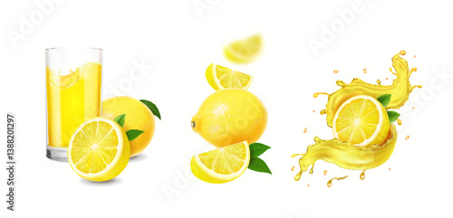 Lemon juice elements. Fresh lemonade glass drink with lemon fruit slices and juice splash. Citrus beverage. Vector realistic