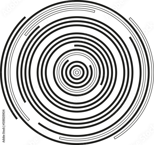 A circular shape with irregular concentric circles and segments of the circumference for a textured style.