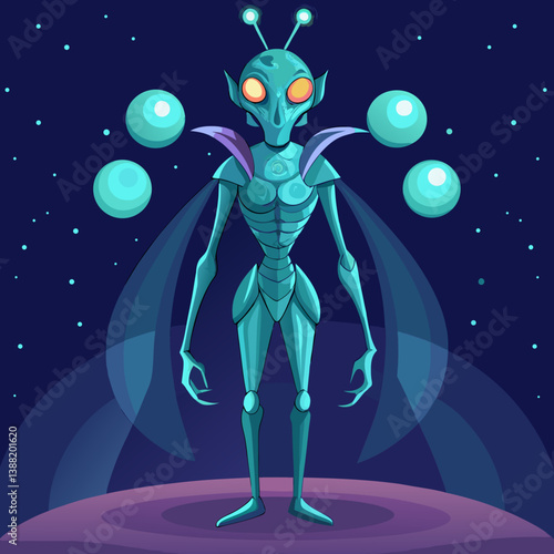 Alien figure in a spacesuit standing on the moon's surface, with Earth visible in the background, in a vector illustration style.