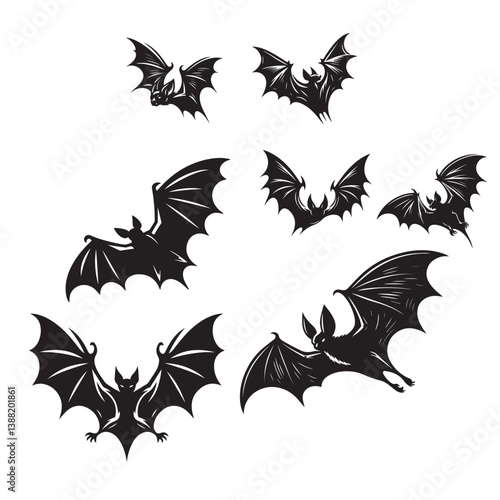 Flying Bat Silhouettes Vector Set: Spooky Halloween Elements