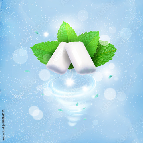 Vortex of freshness around a white gum pellets with mint leaves on blue icy background. Menthol breath smell. Mint swirl. and white chewing pads