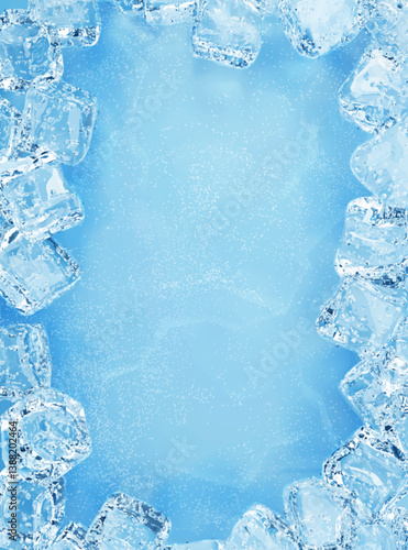 Ice blocks in blue background. Icy cold surface 3D Illustration. Realistic ice cubes on light blue freeze texture covered in ice. Winter frosty wallpaper