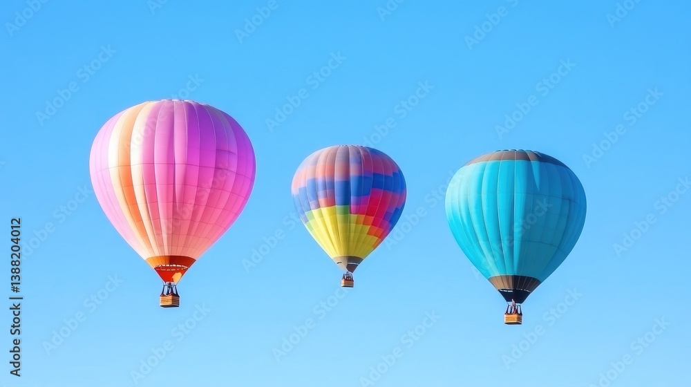 Fototapeta premium Three hot air balloons, pink, multicolored, and teal, drift against a clear blue sky. The balloons are the central focus, arranged horizontally. The image is crisp and brightly lit. A cheerful, whims