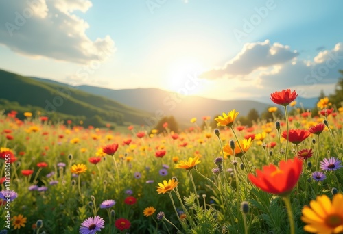 vibrant wildflowers blooming lush meadow colorful nature landscape blossoming flora abundant greenery outdoor serenity, field, petal, spring, daisy, bulb