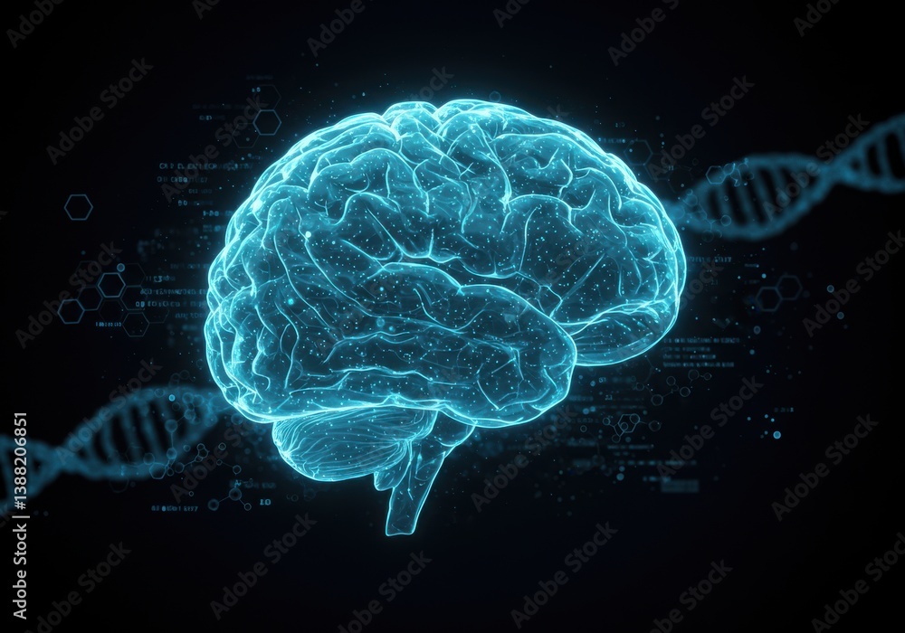 3D illustration of a human brain scan with X-ray effect showing the anatomy, neurons, and skull in blue tones, highlighting medical and neurological science