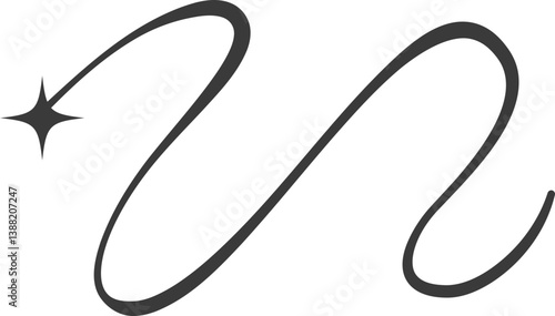 Swirl line with stars. Curved elegant flourish tails of comet. Decorative Y2k scroll and stroke. Wavy simple swish with falling and flying sparkle