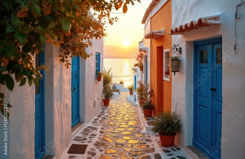Fototapeta Naklejka Na Ścianę i Meble -  Cobblestone street leads to the Aegean sea at sunset. Traditional whitewashed houses with blue doors and flower pots create picturesque view. Travel destination in Greece, summer vacation.