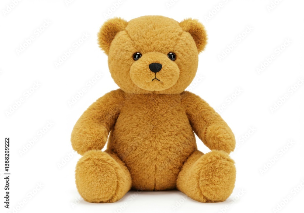 Obraz premium Cute plush teddy bear with soft golden brown fur and classic sitting pose isolated on white background