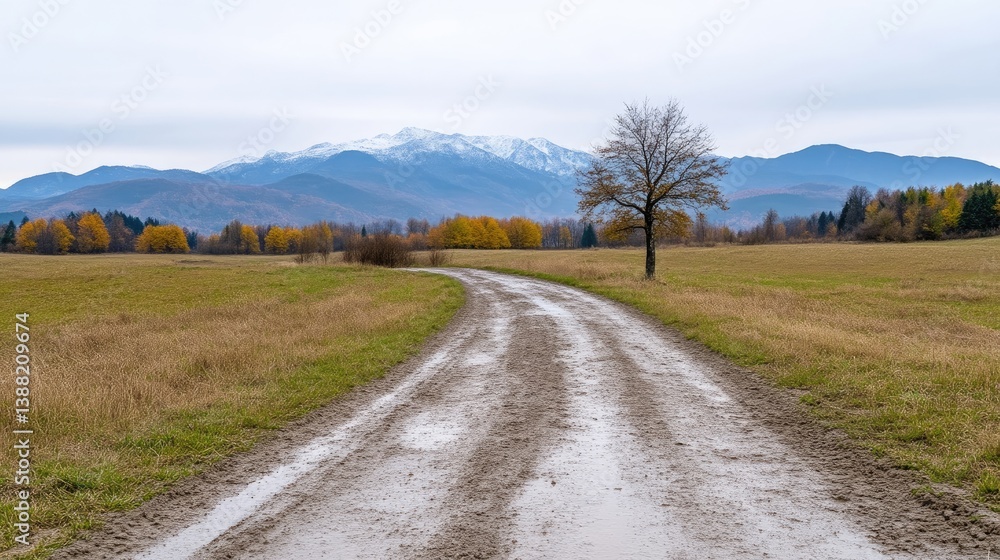 A dirt road winds through a golden autumn field, leading to a mountain range with snow-capped peaks A dirt road winds through a golden autumn field, leading to a mountain range with snow-capped peaks