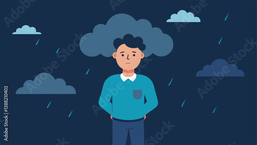 Internal Storm A man standing calmly in a storm with dark clouds above him symbolizing anxiety and depression while he smiles outwardly to others.