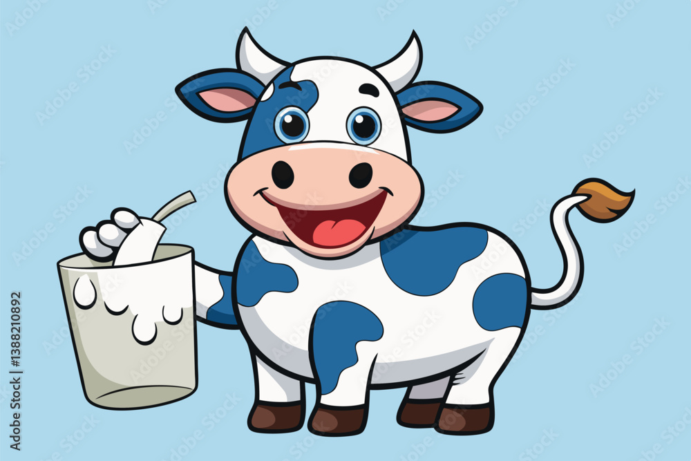 Fototapeta premium Happy cartoon cow holding a glass of milk against a light blue background showcasing joyful farm life and dairy production